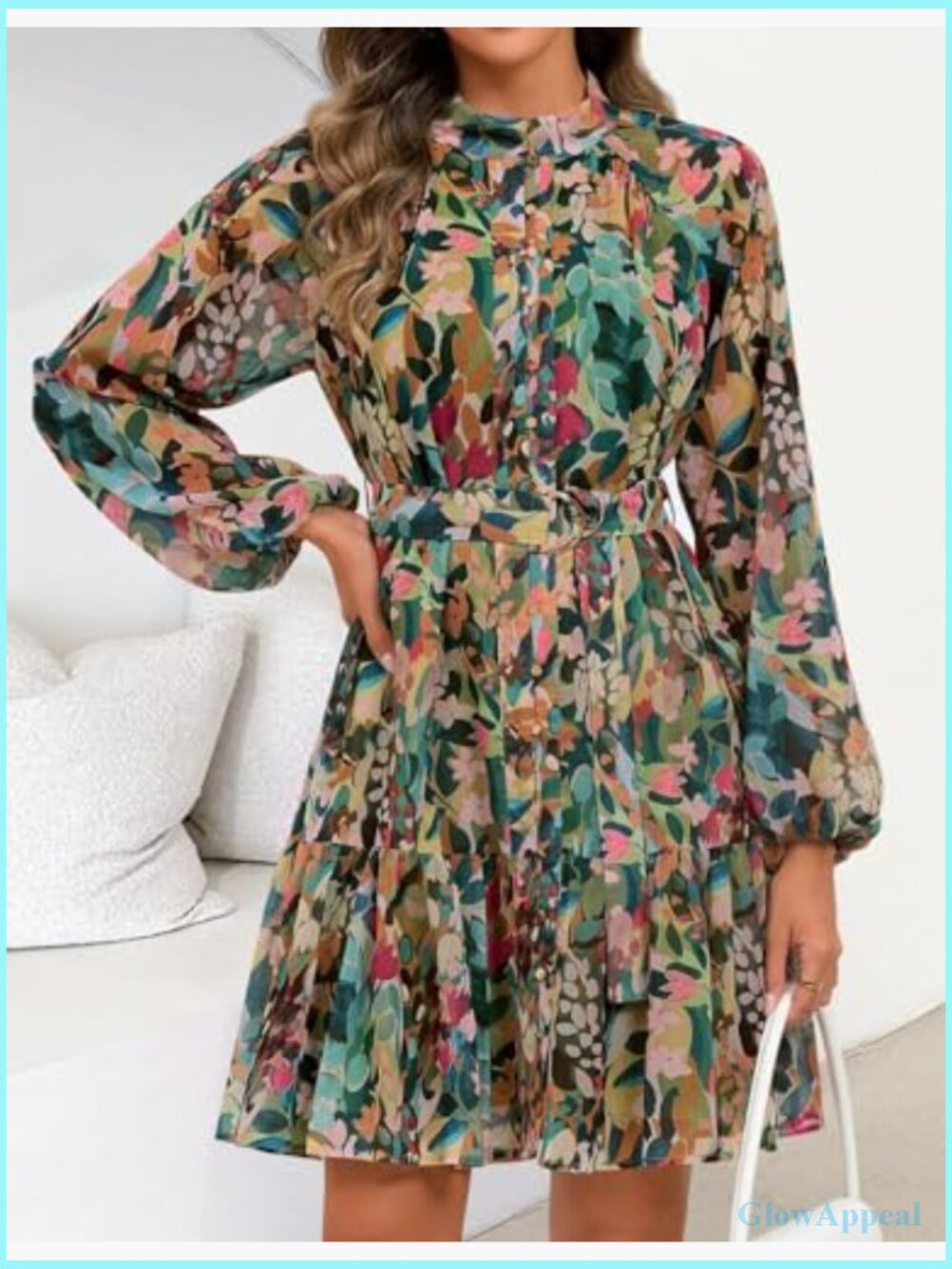 Long Sleeve Floral Mini Dress Chiffon A-Line Swing Party Dress - Picture 4 of 7